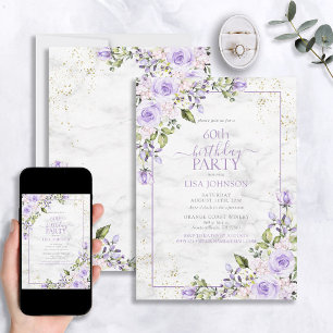 60th Birthday Lilac Lavender Watercolor Marble Invitation