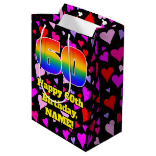 60th Birthday: Loving Hearts Pattern, Rainbow # 60 Medium Gift Bag
