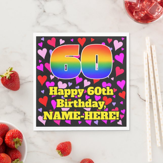 60th Birthday: Loving Hearts Pattern, Rainbow # 60 Napkin (Insitu)