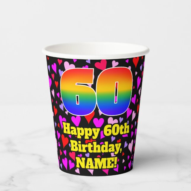 60th Birthday: Loving Hearts Pattern, Rainbow 60 Paper Cups (Back)
