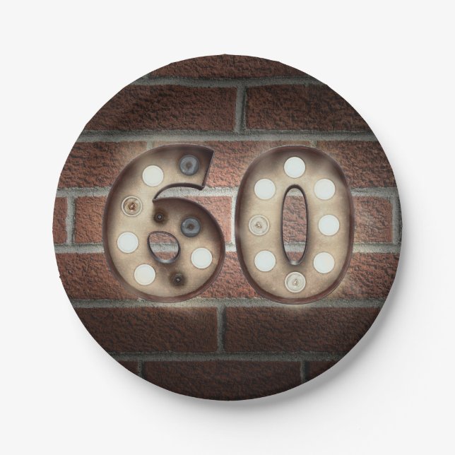 60th birthday marquee sign on brick wall paper plate (Front)