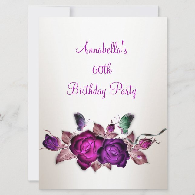 60th Birthday Mauve Pink Roses Floral Art 3 Invitation (Front)