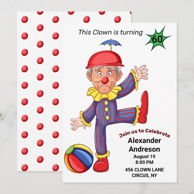 60th Birthday Mens Funny Clown Epic Amazing Invitation (Front/Back)
