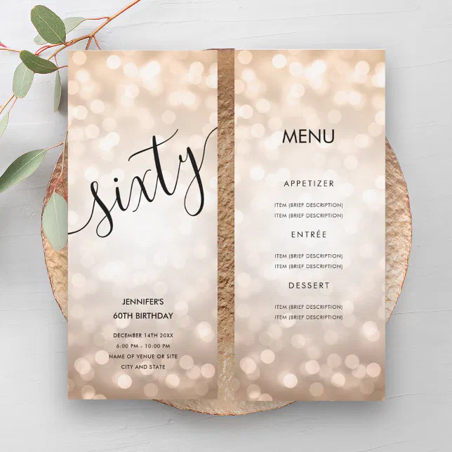 60th Birthday Menu Rose Gold Glitter Lights Invitation | Zazzle
