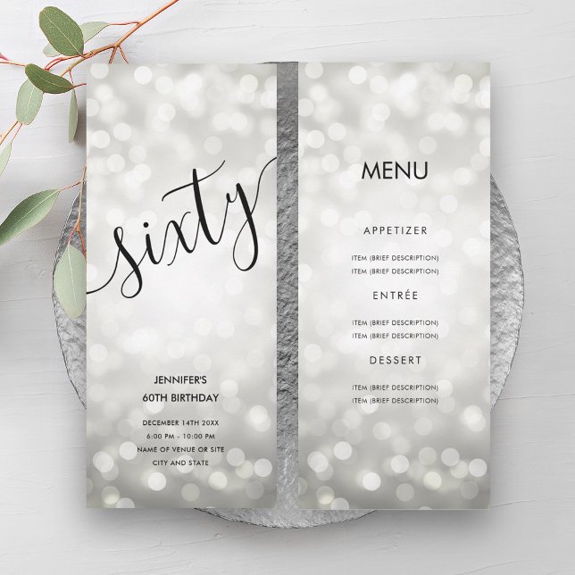 60th Birthday Menu Silver Glitter Lights Invitation (60th Birthday Menu Silver Glitter Lights Invitation)