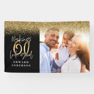 60th birthday modern black and gold glitter photo banner
