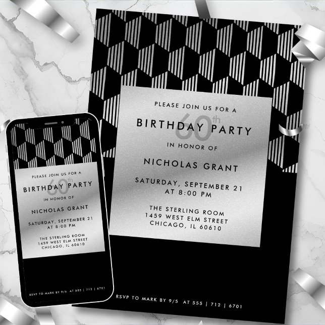 60th Birthday Modern Black Faux Silver Foil Invitation (Creator Uploaded)