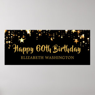 60th Birthday Modern Black Gold Stars Name Poster