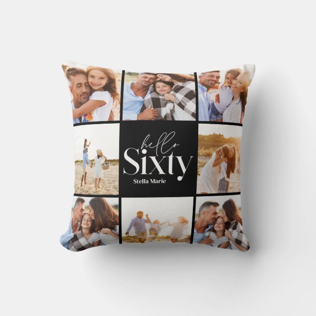 60th birthday modern black photo collage simple cushion (Front)