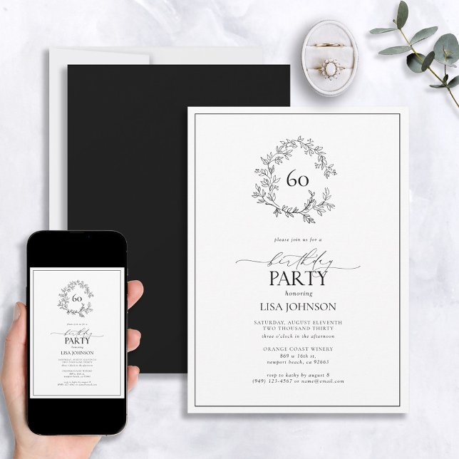 60th Birthday Modern Black & White Leafy Crest Invitation (Creator Uploaded)
