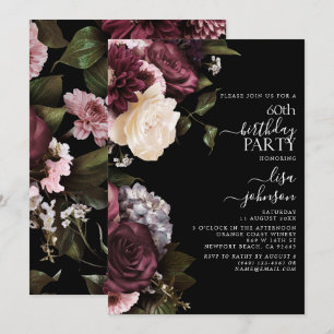 60th Birthday Modern Dark Moody Burgundy Floral Invitation