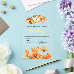 60th Birthday Modern Garden Orange White Flowers Acrylic Invitations