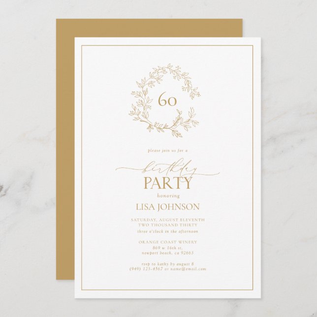 60th Birthday Modern Gold Leafy Crest Invitation (Front/Back)