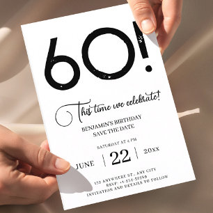 60th Birthday Modern Minimalist Black And White Invitation