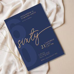 60th Birthday Modern Minimalist Navy Gold Invitation