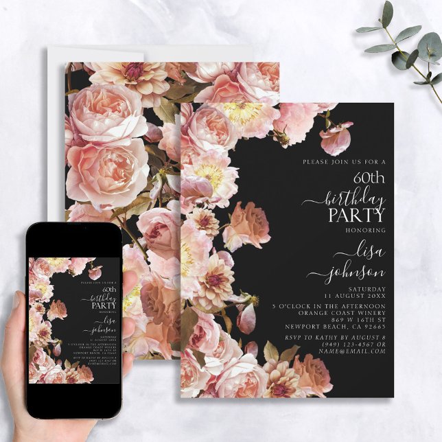 60th Birthday Modern Moody Dark Pink Script Floral Invitation (Creator Uploaded)
