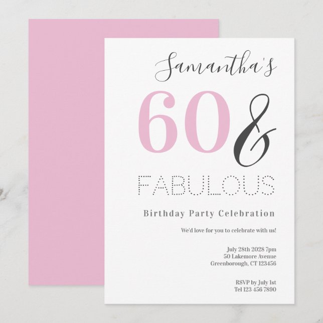 60th Birthday Modern Pink Party Invitation (Front/Back)