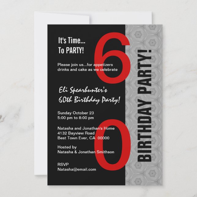 60th Birthday Modern Red Silver Black D845 Invitation (Front)