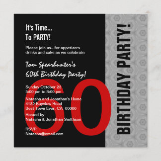 60th Birthday Modern Red Silver Black Funny W1471 Invitation