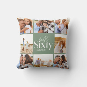 60th birthday modern sage green photo collage cushion