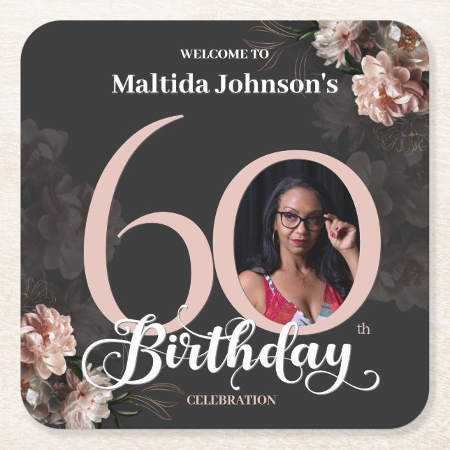 60th Birthday Moody Floral Pink Custom Photo Square Paper Coaster (Front)