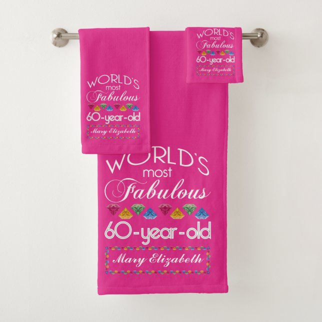 60th Birthday Most Fabulous Colourful Gems Pink Bath Towel Set (Insitu)