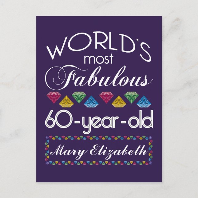 60th Birthday Most Fabulous Colourful Gems Purple Postcard (Front)