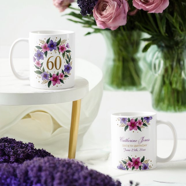 60th Birthday Mug – Floral Wreath with Gold Number (Creator Uploaded)