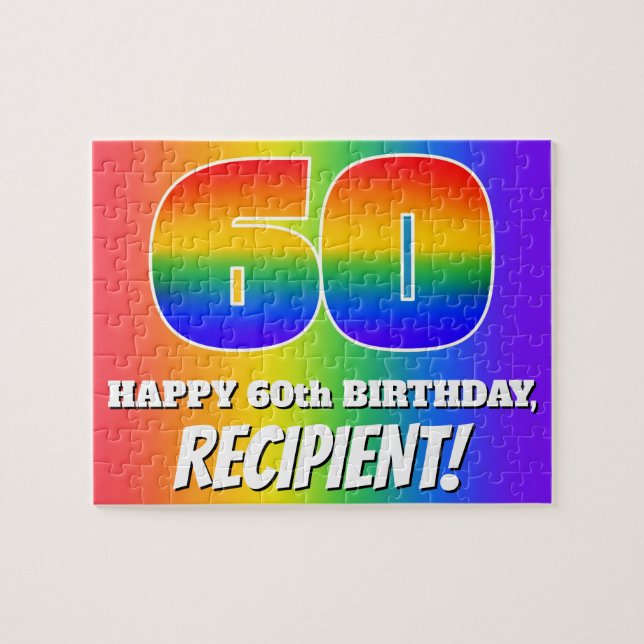 60th Birthday — Multicolored Rainbow Pattern “60” Jigsaw Puzzle (Horizontal)