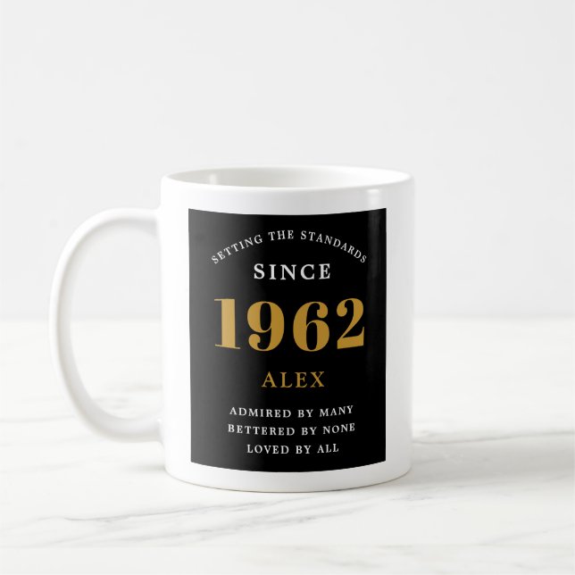 60th Birthday Name 1962 Black Gold Elegant Chic Coffee Mug (Left)