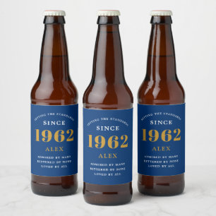 60th Birthday Name 1962 Blue Gold Elegant Chic Beer Bottle Label