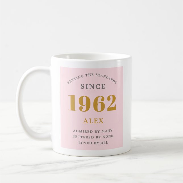 60th Birthday Name 1962 Pink Grey Elegant Chic Coffee Mug (Left)