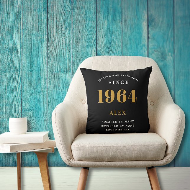 60th Birthday Name 1964 Black Gold Elegant Chic Cushion (60th Birthday Special 1964 Born Black Gold Chic Elegant Throw Pillow - Perfect for Home Décor.)