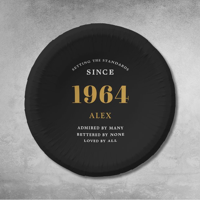 60th Birthday Name 1964 Black Gold Elegant Chic Paper Plate (1964 Setting The Standards Paper Bowls: 60th Birthday Customizable Black Gold Elegant And Chic )