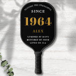 60th Birthday Name 1964 Black Gold Elegant Chic Pickleball Paddle<br><div class="desc">Chic '1964' 60th Birthday Black and Gold Personalised Pickleball Paddle - Elegant Design for Sports Enthusiasts. Celebrate a significant milestone in style with our chic '1964' 60th birthday black and gold pickleball paddle. Elegantly designed and fully personalised, this paddle blends birthday charm and utility in one. Ideal for anyone with...</div>