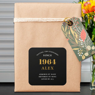 60th Birthday Name 1964 Black Gold Elegant Chic Square Sticker