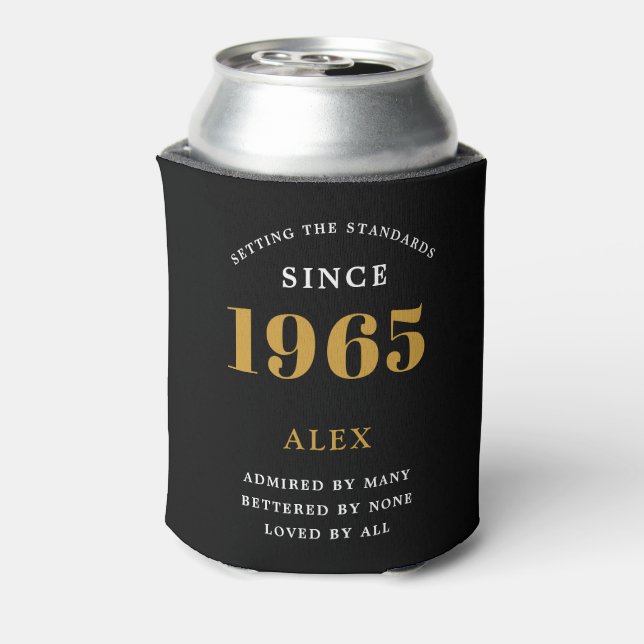 60th Birthday Name 1965 Black Gold Elegant Chic Can Cooler (Can Back)