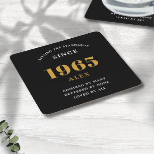 60th Birthday Name 1965 Black Gold Elegant Chic Square Paper Coaster