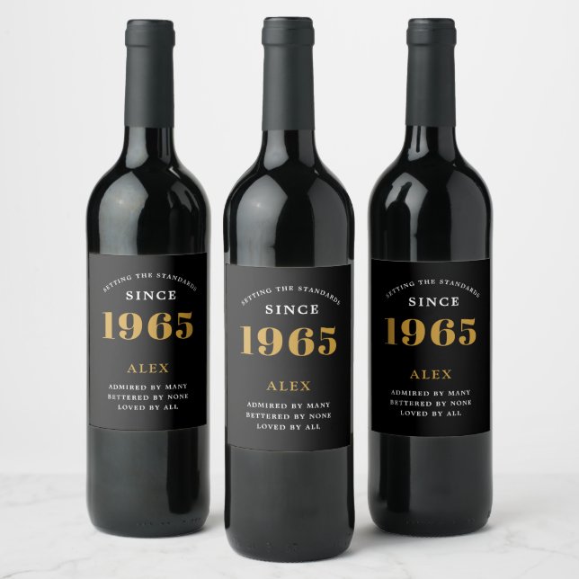 60th Birthday Name 1965 Black Gold Elegant Chic Wine Label (Bottles)