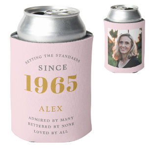 60th Birthday Name 1965 Chic Pink Grey Photo Can Cooler