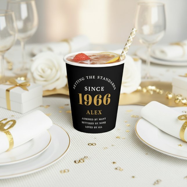 60th Birthday Name 1966 Black Gold Elegant Chic Paper Cups (1966 paper cup. White and gold background.)