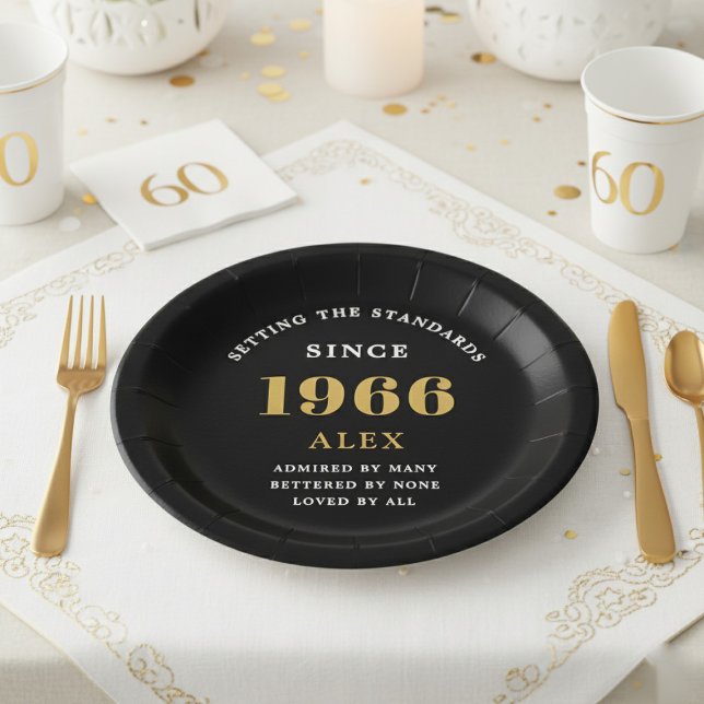 60th Birthday Name 1966 Black Gold Elegant Chic Paper Plate (1966 black birthday paper plate. White background)