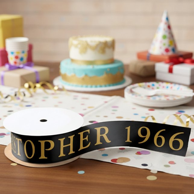 60th Birthday Name 1966 Black Gold Elegant Chic Satin Ribbon (Born 1966 birthday ribbon.)