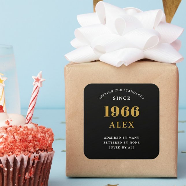 60th Birthday Name 1966 Black Gold Elegant Chic Square Sticker (Born 1966 sticker on a wrapped gift.)