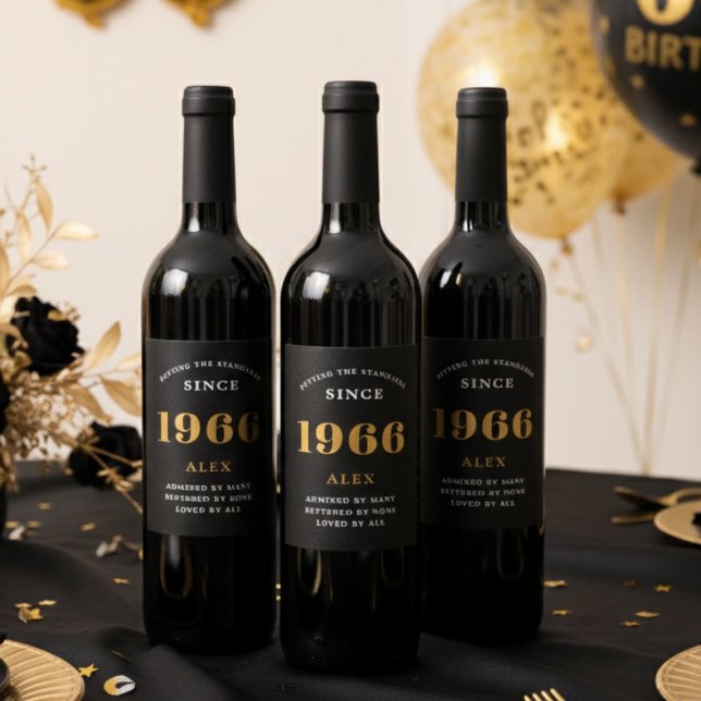 60th Birthday Name 1966 Black Gold Elegant Chic Wine Label (1966 Wine bottle labels on red wine bottles.)