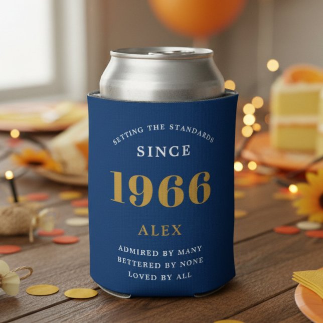 60th Birthday Name 1966 Blue Gold Elegant Chic Can Cooler (1966 blue can cooler on a wood table.)