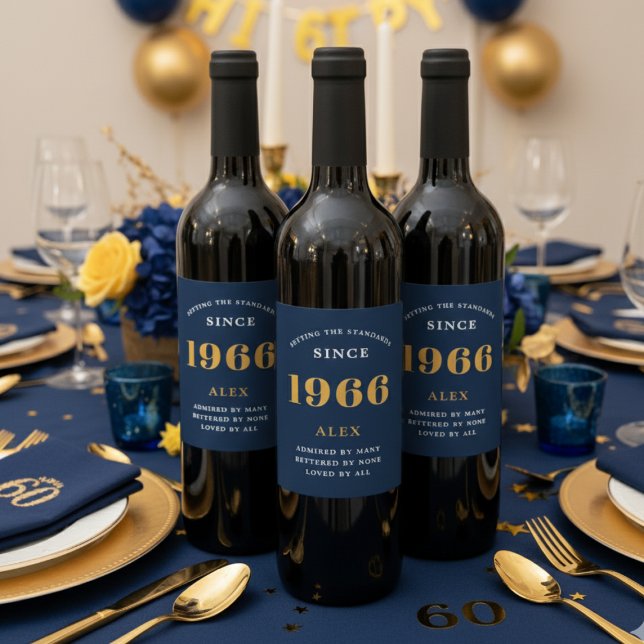 60th Birthday Name 1966 Blue Gold Elegant Chic Wine Label (Blue 60th birthday wine bottle labels.)