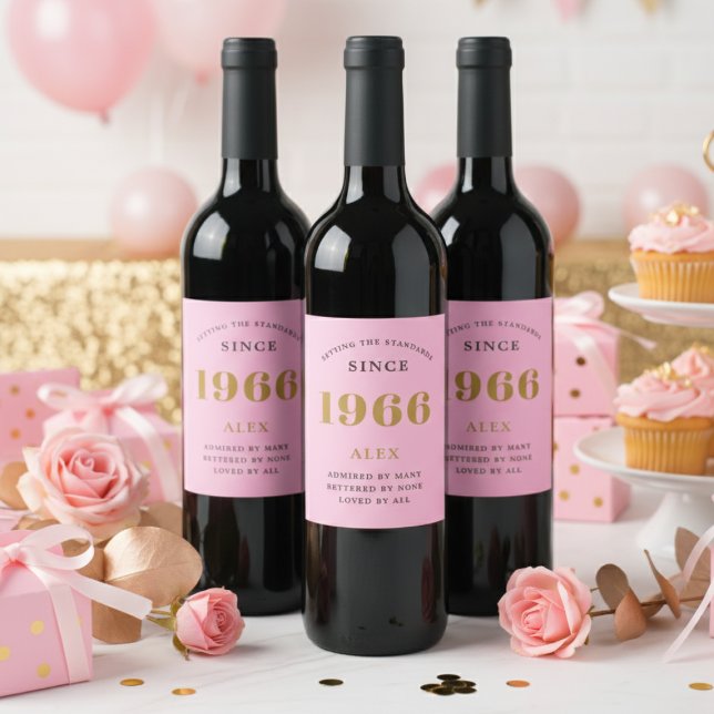 60th Birthday Name 1966 Pink Gold Elegant Chic Wine Label (60th birthday pink and gold wine bottle labels on 3 red wine bottles)