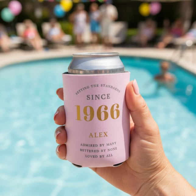 60th Birthday Name 1966 Pink Grey Elegant Chic Can Cooler (Pink 1966 Can cooler. Pool background.)