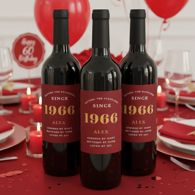 60th Birthday Name 1966 Red Gold Elegant Chic Wine Label (60th birthday red and gold wine bottle labels on red wine bottles.)